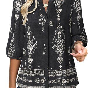 Womens Summer Tops 3/4 Puff Sleeve V-Neck Dressy Casual Blouses Boho Floral Shir